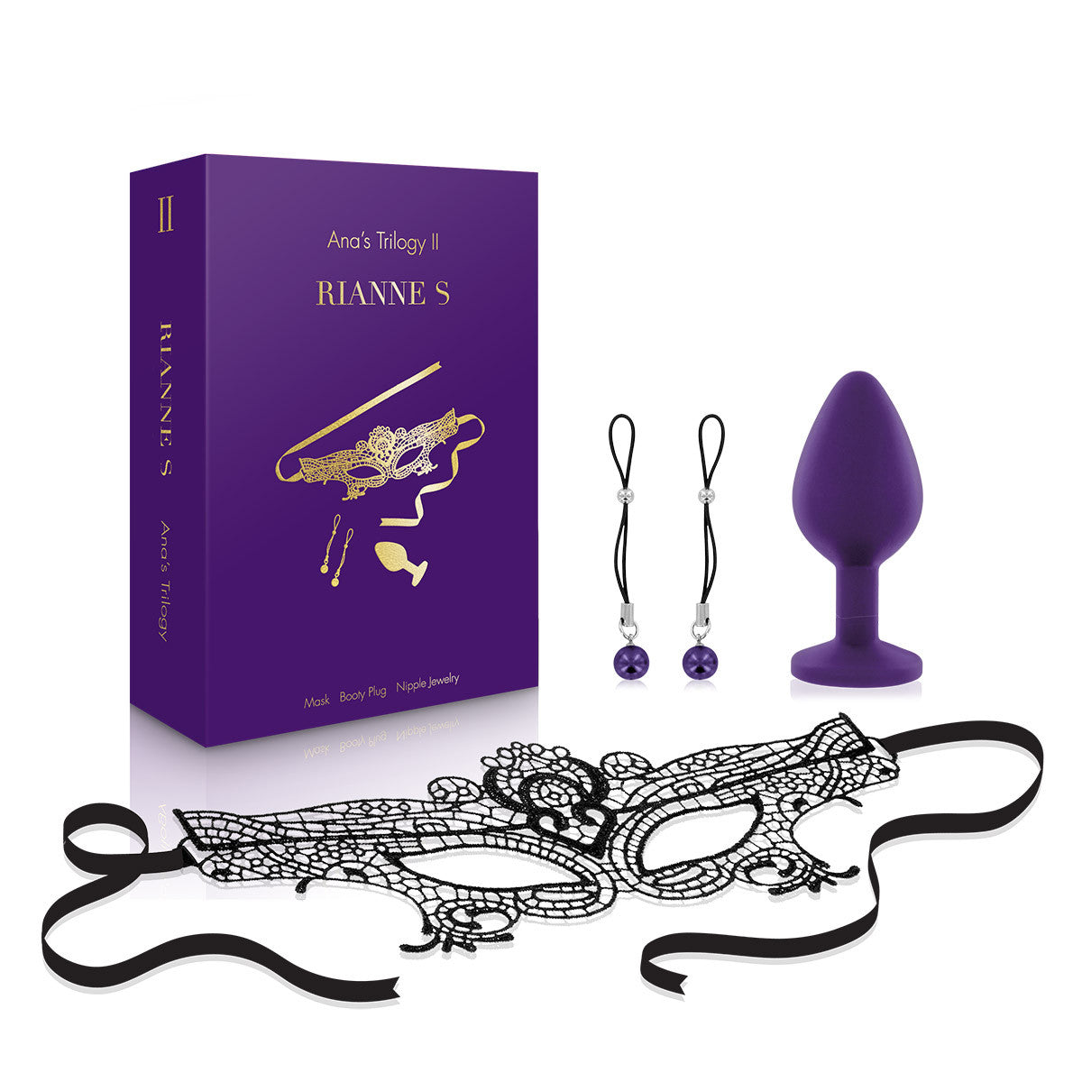 Ana's Trilogy Kit 2 by Rianne S Mask, purple butt plug, nipple jewelry 
