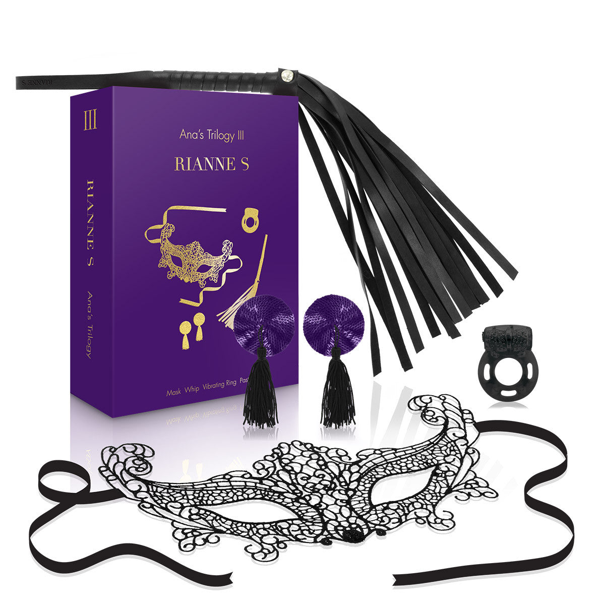 Ana's Trilogy Kit 3 by Rianne S Mask, penis ring, whip & purple sequin pasties