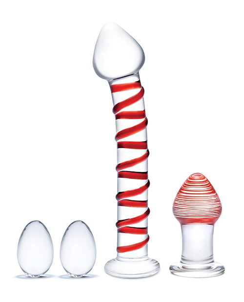 Glas Mr. Swirly Red 4 Piece Set with Glass Dildo, Kegel Balls & 3.25" Butt Plug - Melody's Room